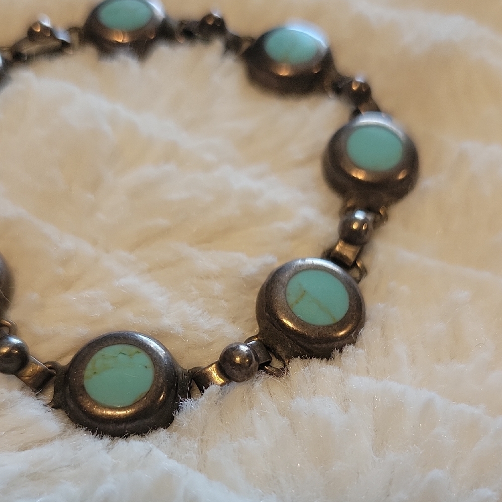 Vintage Mexico 925 Sterling Silver And Turquoise Bracelet - Picture 2 of 8